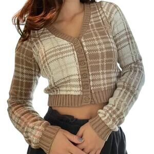 Hollister Sweater Plaid Cropped Button Up V Neck Knit Cardigan Brown and White M
